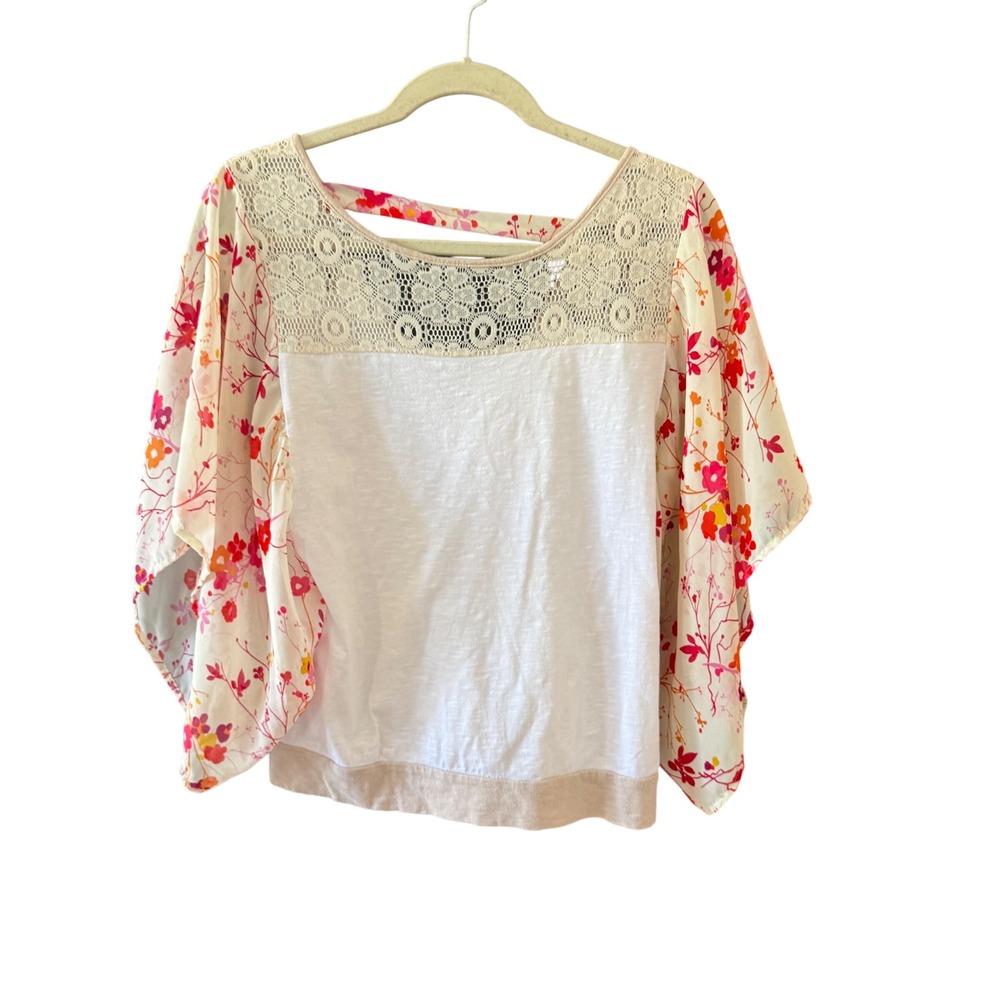 prAna Womens Small Boho Mixed Media Floral Kimono Sleeve Crochet Lace Top White